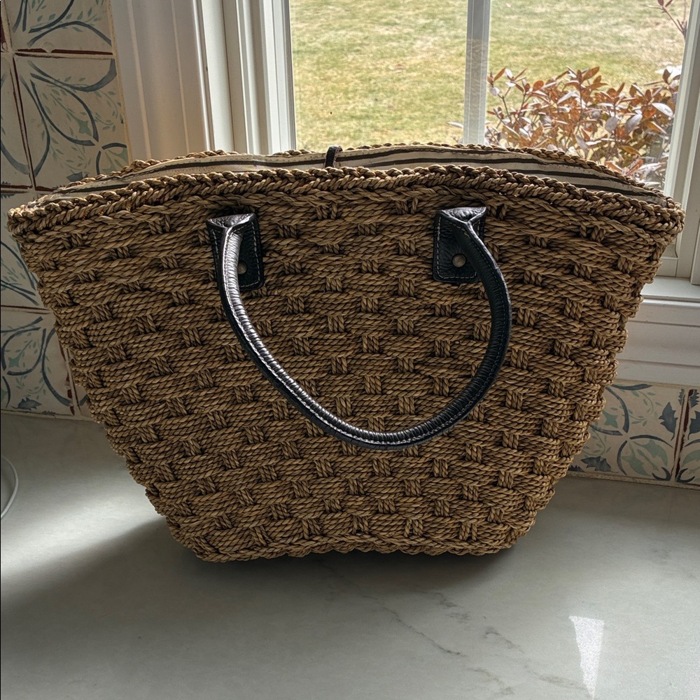 J. Crew Woven Straw Tote with Black Handles